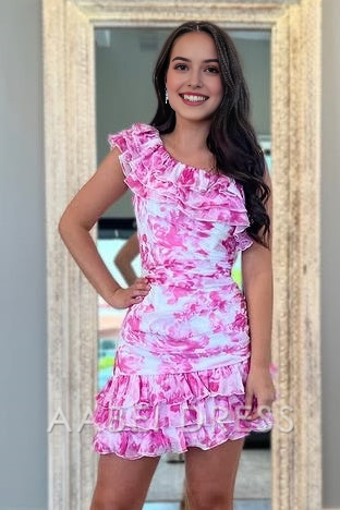 AABEI DRESS New Homecoming Dress Exquisite Sheath One Shoulder Ruffled Ruched Empire Floral Retro Short Prom Dresse
