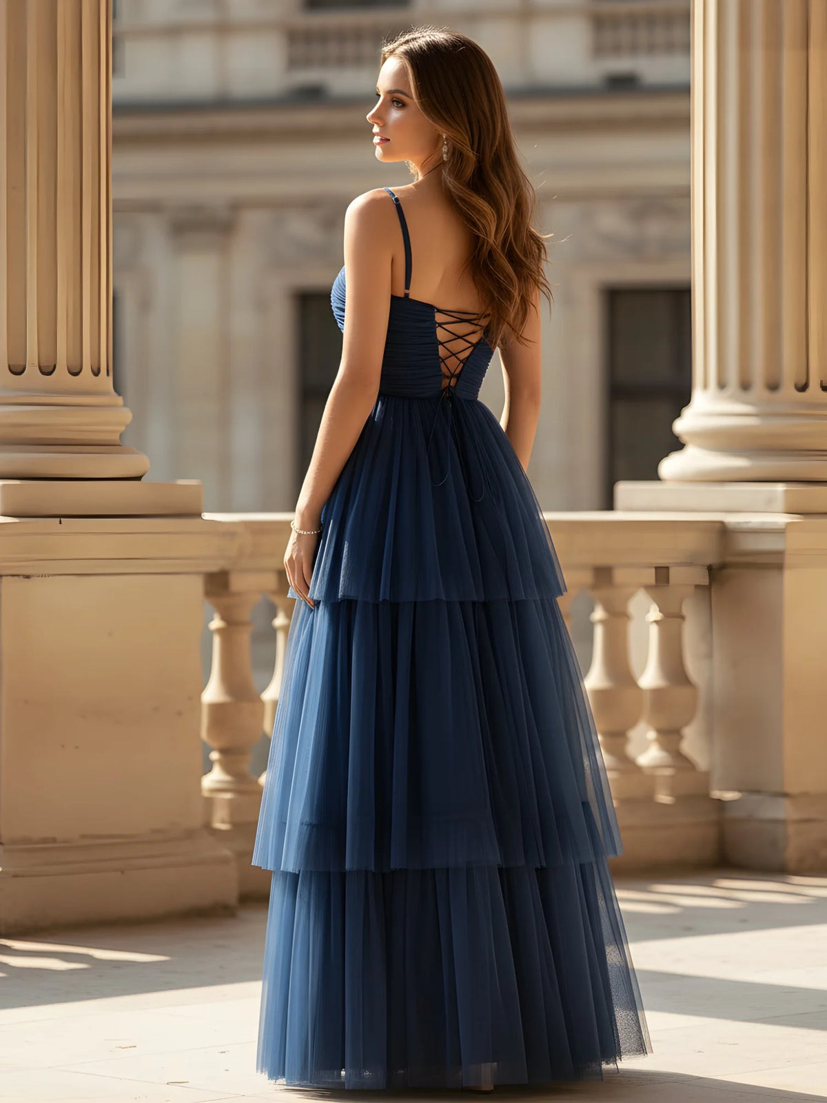 Slate Blue Tulle tiered straight-across lace-up-back floor-length Dress