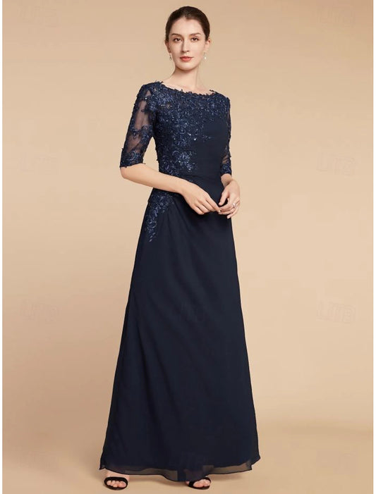 Column Wedding Guest Elegant Scoop Neck Ankle Length Chiffon Lace Half Sleeve with Sequin Solid Color Mother of the Bride Dress