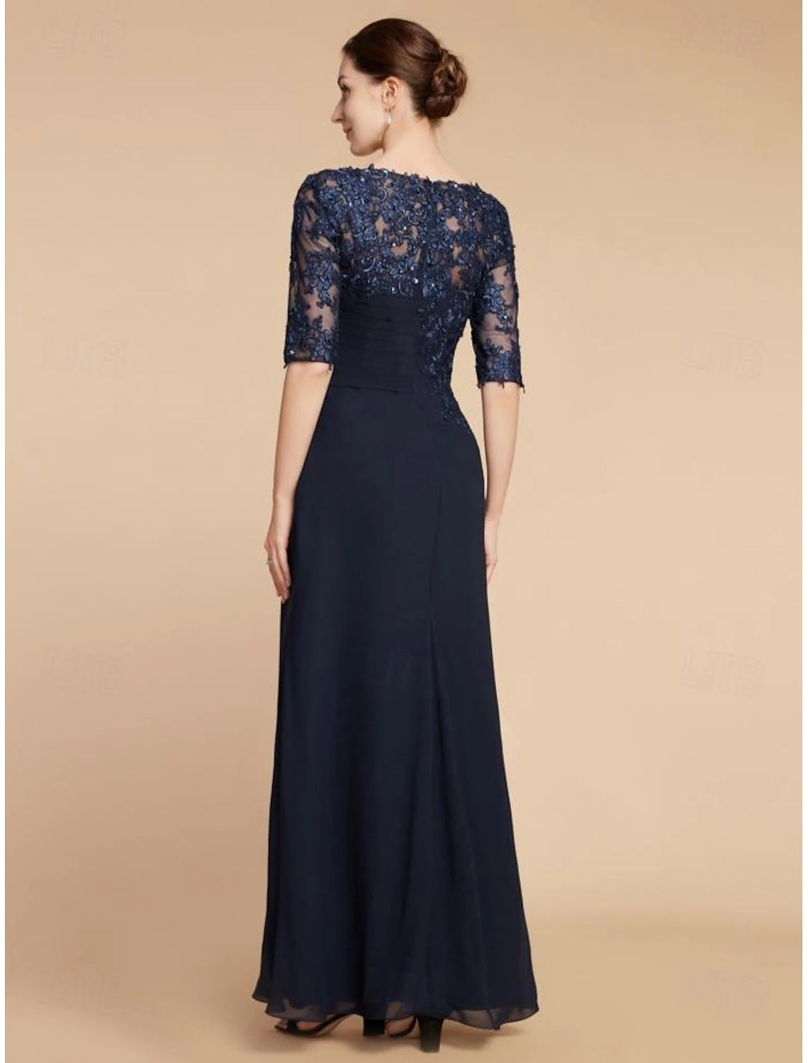 Column Wedding Guest Elegant Scoop Neck Ankle Length Chiffon Lace Half Sleeve with Sequin Solid Color Mother of the Bride Dress 