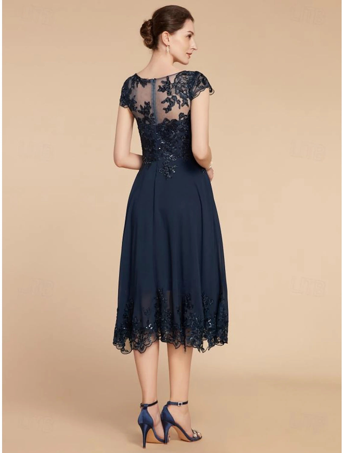 Wedding Guest Elegant Petite Scoop Neck Tea Length Chiffon Lace Cap Sleeve with Sequin Solid Color Mother of the Bride Dress 