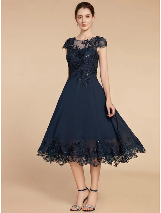 Wedding Guest Elegant Petite Scoop Neck Tea Length Chiffon Lace Cap Sleeve with Sequin Solid Color Mother of the Bride Dress