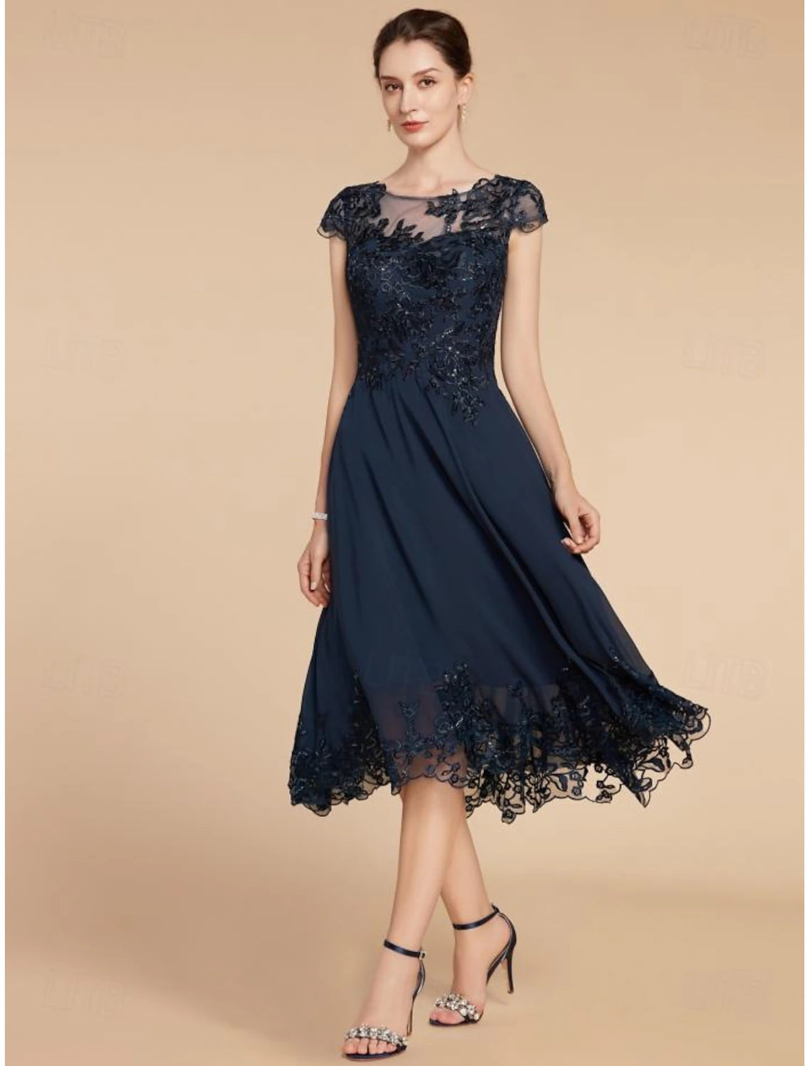 Wedding Guest Elegant Petite Scoop Neck Tea Length Chiffon Lace Cap Sleeve with Sequin Solid Color Mother of the Bride Dress 