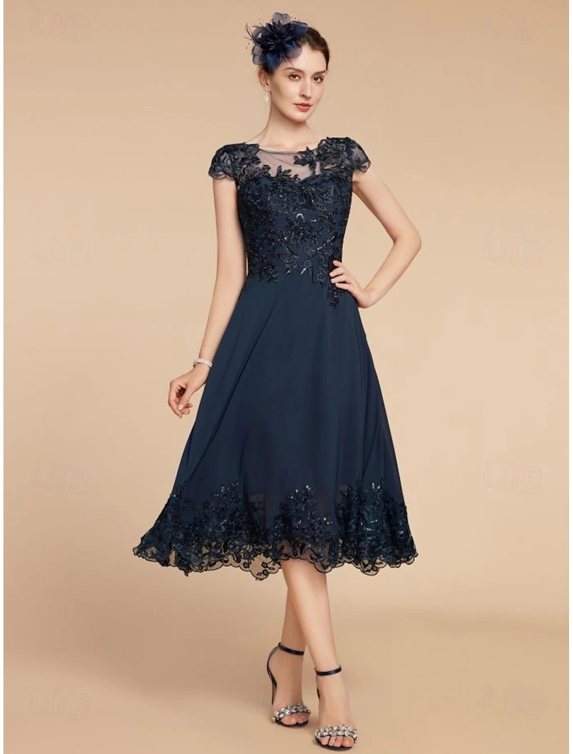 Wedding Guest Elegant Petite Scoop Neck Tea Length Chiffon Lace Cap Sleeve with Sequin Solid Color Mother of the Bride Dress 