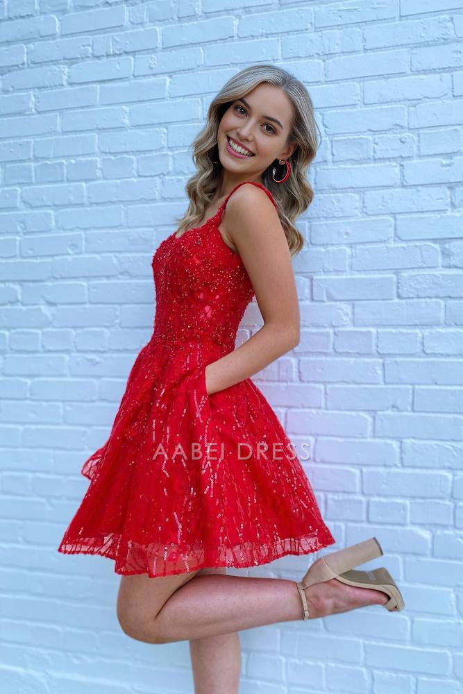 AABEI DRESS New Homecoming Dress A Line Spaghetti Strap Cute Red Sequin Zipper Back Charming Short Prom Dresse