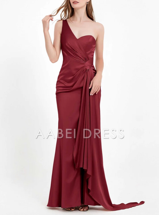 AABEI DRESS Exquisite Sheath One Shoulder Sleeveless Pleated Luxe Long Satin Floor-Length Elegant Evening Dress