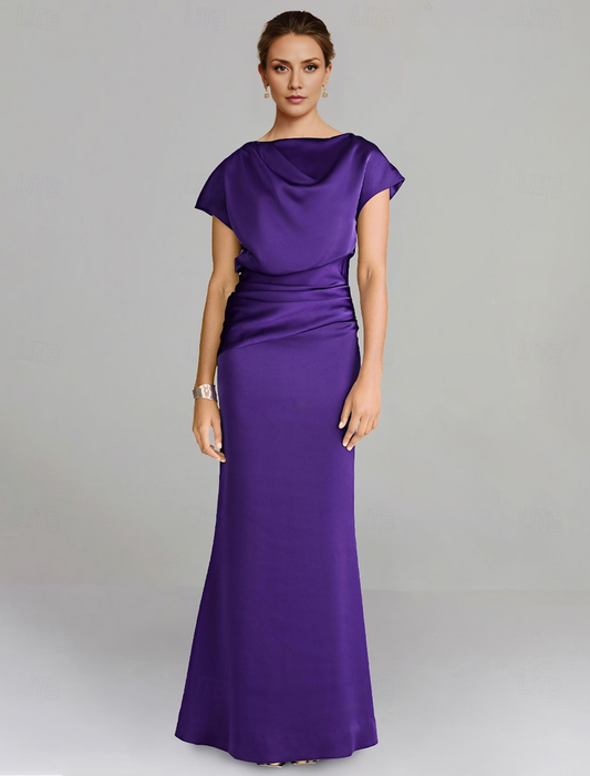 AABEI DRESS Wedding Guest Dress Fashion Sheath Off Shoulder Short Sleeve Floor Length Ruched Solid Color Elegant Mother of the Bride Dress