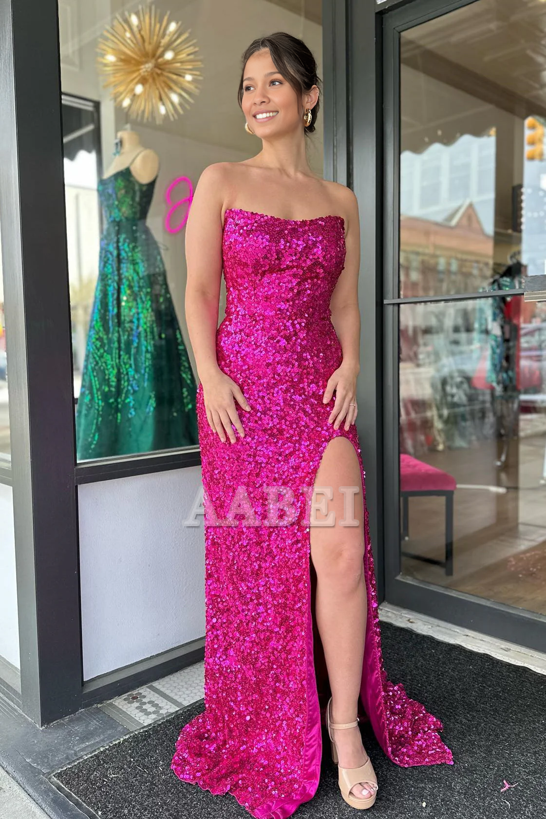Evening Dress Strapless Sequins Long Prom Dress Side Fork Sparkle Sweep Train Charming Formal Women's Dresses