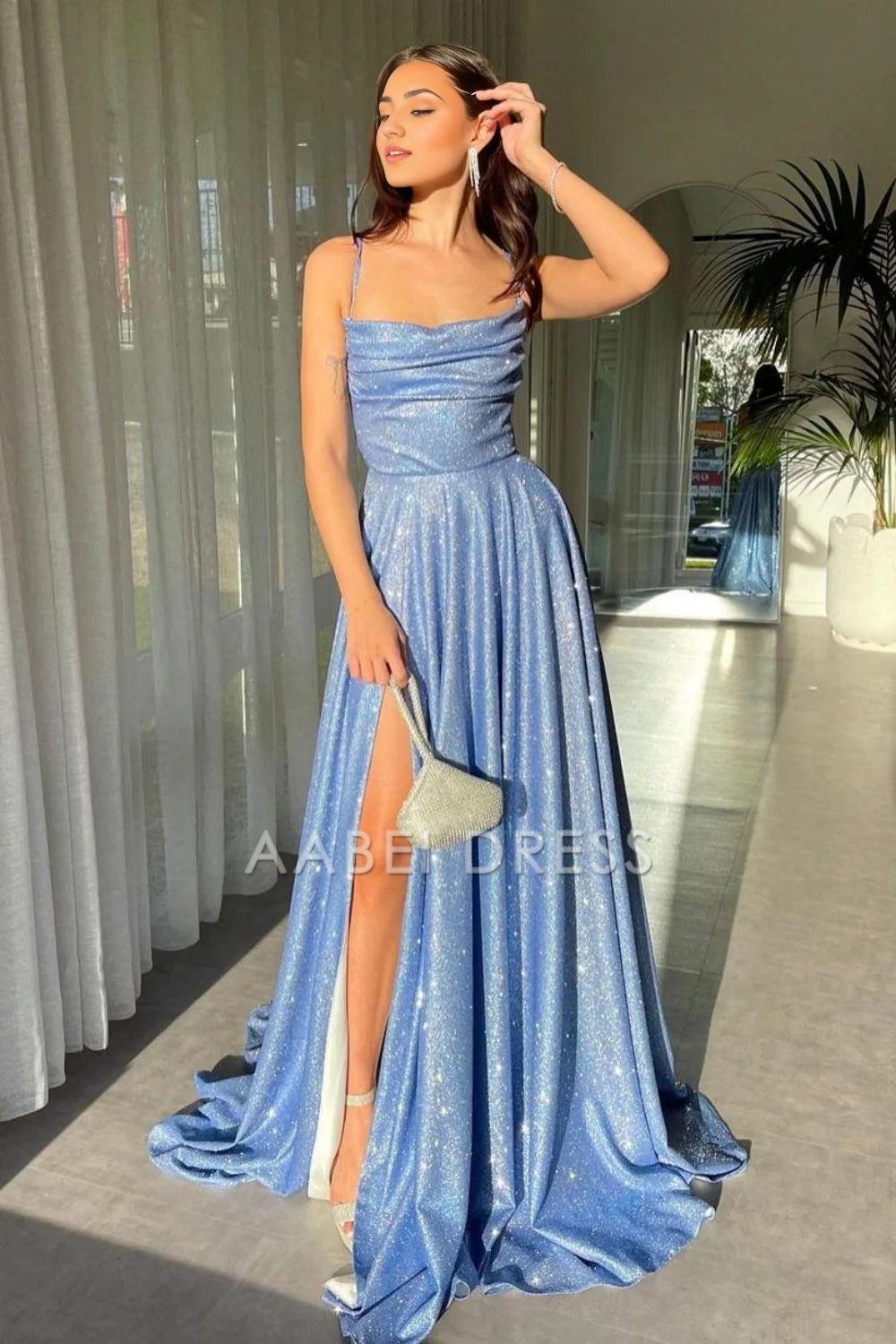 AABEI DRESS Hot Sale Prom Dress Simple A Line Spaghetti Straps Backless Long with Split Front Sparkle Formal Dress