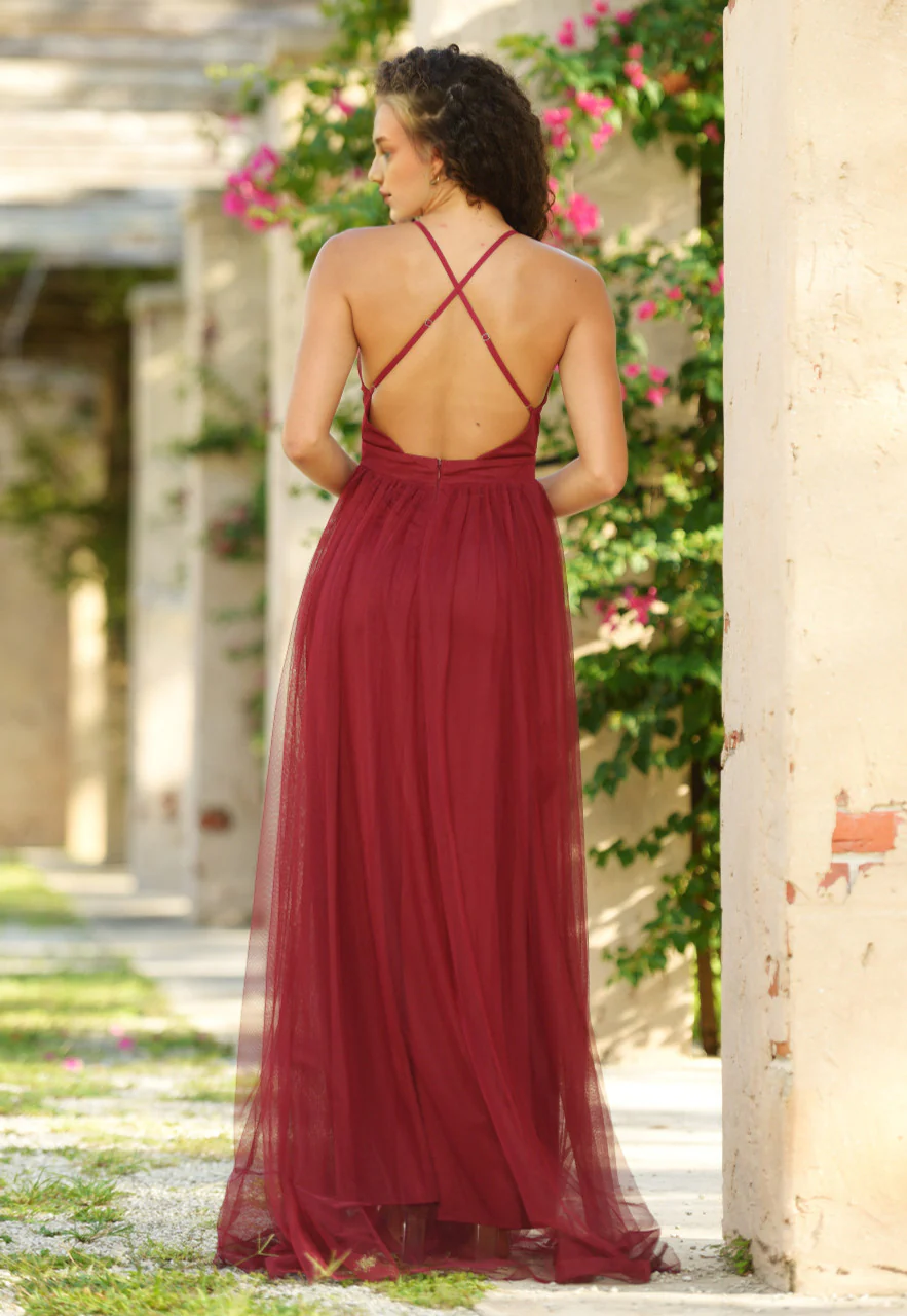 Evening Dress V Neck Tulle Maxi Dress Ruched Bodice Adjustable Criss-Cross Spaghetti Straps Double Slit Skirt Formal Wear Dresses