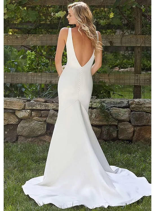 Wedding Dress Long Bridal Gowns Simple Deep V Neck Sweep Train Mermaid Satin