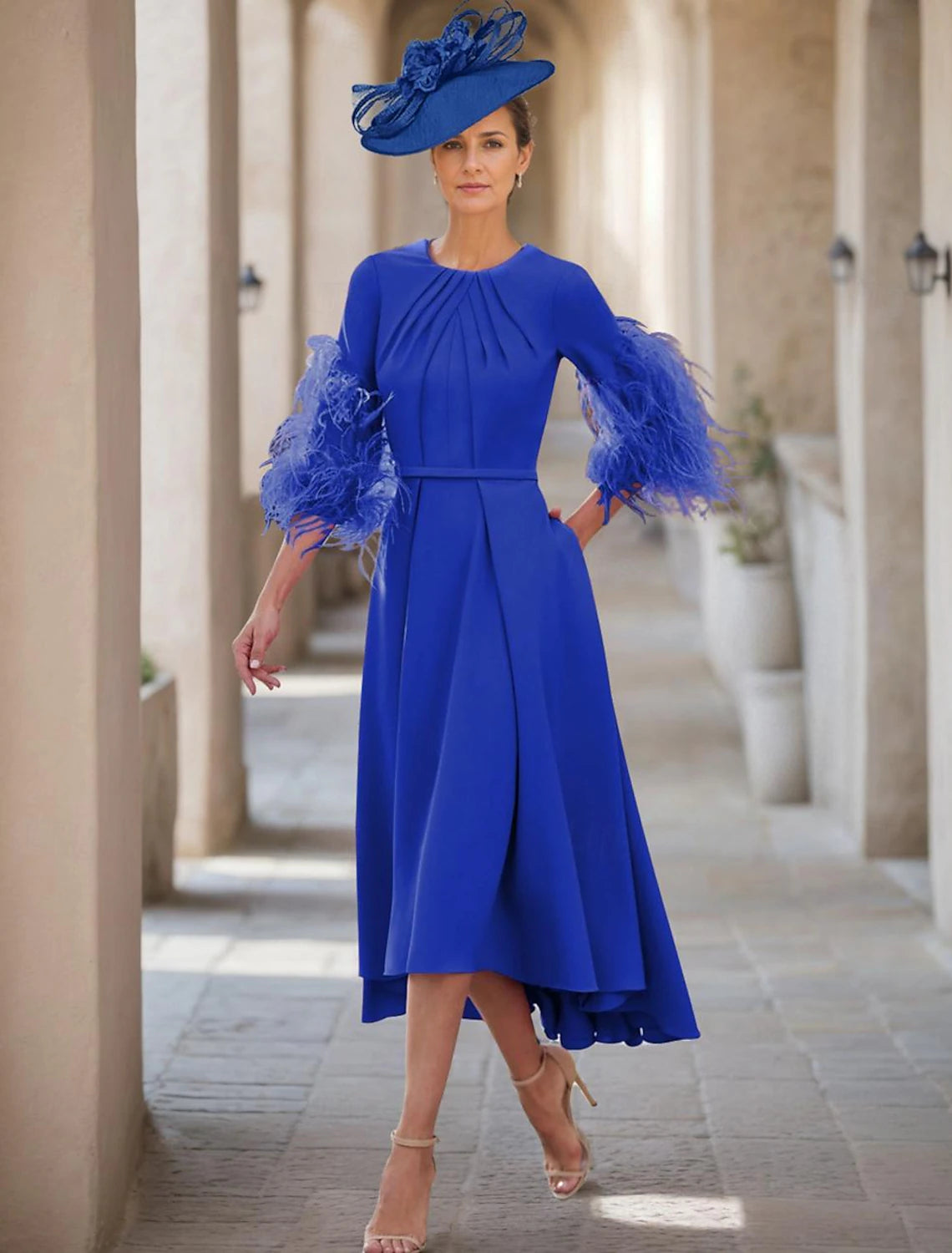 A-Line Elegant Jewel Neck Asymmetrical Stretch Fabric Half Sleeve with Mother of the Bride Dress