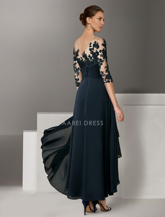 AABEI DRESS Wedding Guest Dress Elegant A-Line Jewel Neck 3/4 Length Sleeve Asymmetrical Lace Appliques Retro Mother of the Bride Dress