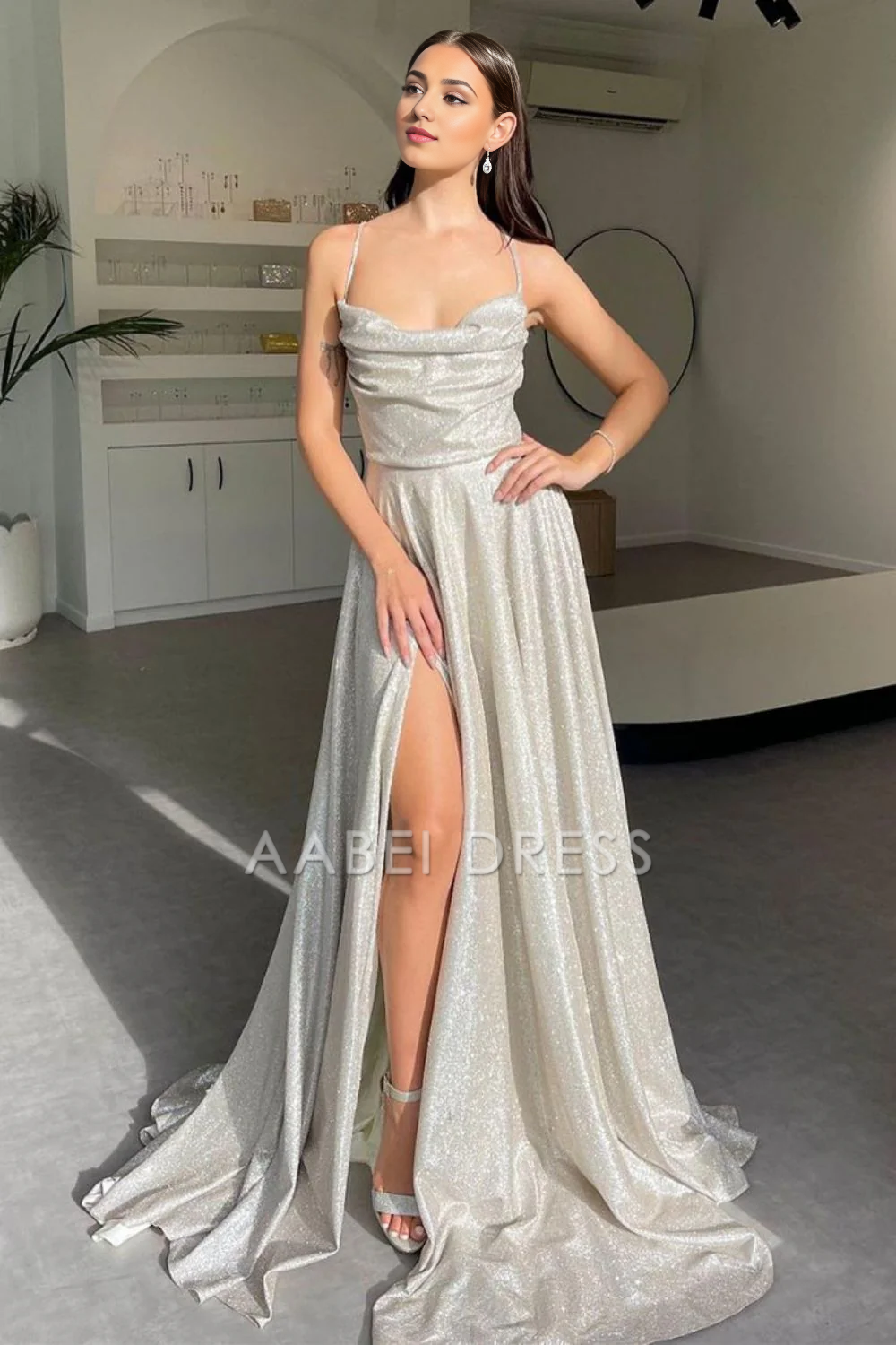 AABEI DRESS Hot Sale Prom Dress Simple A Line Spaghetti Straps Backless Long with Split Front Sparkle Formal Dress