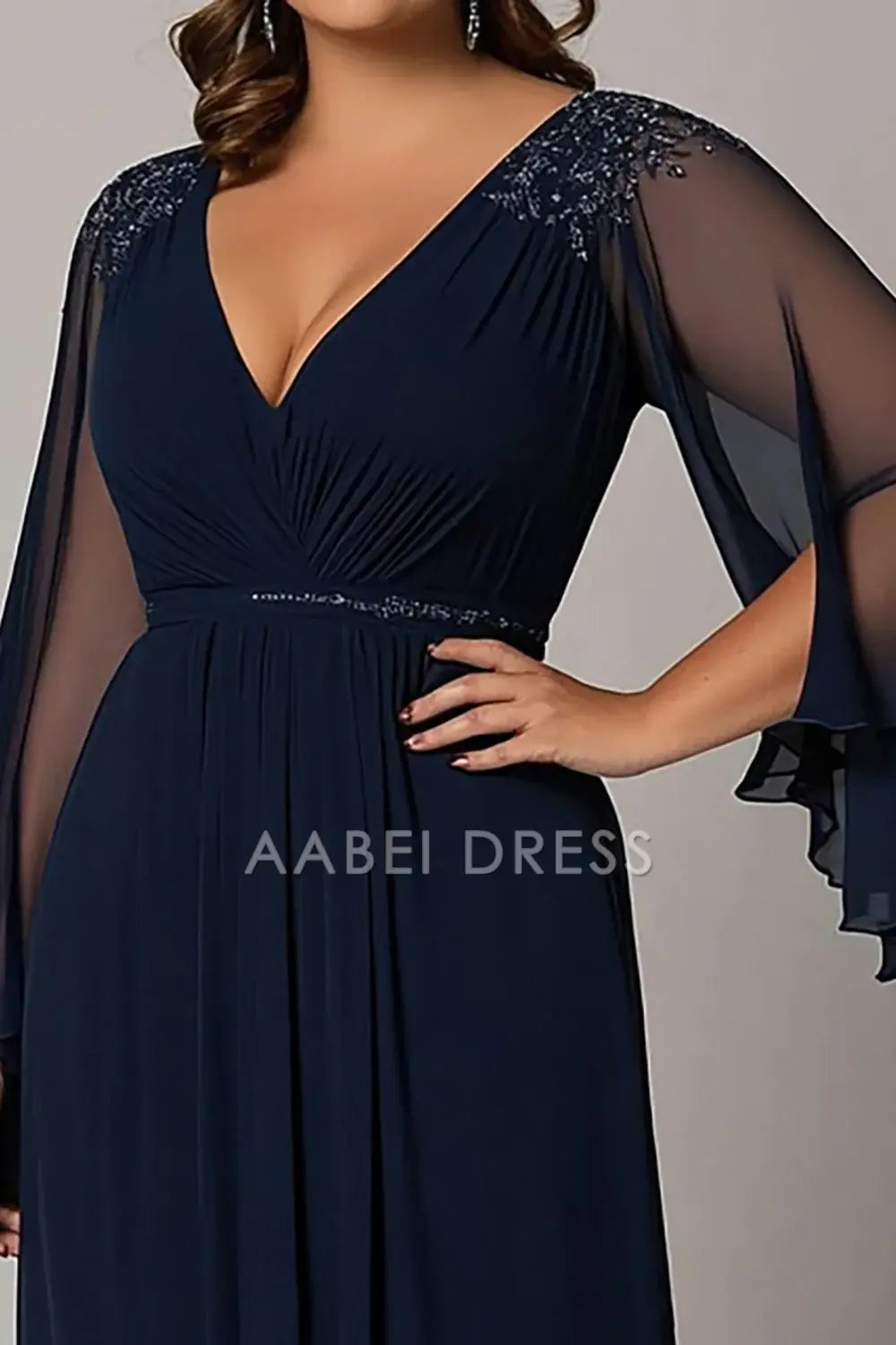 AABEI DRESS Mother Of The Bride Dress Chiffon V-Neck Long Sleeves Plus Size Fashion Long Formal Wear Dresse
