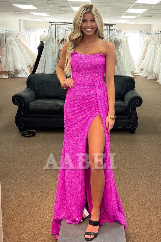 Evening Dress Mermaid Strapless Sequins Lace-Up Long Prom Dress Backless Side Fork Sparkle Sweep Train Formal Women's Dresses