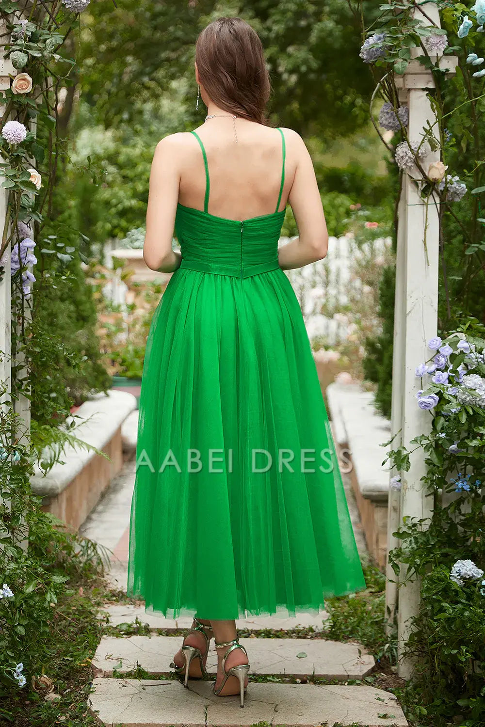 AABEI DRESS Hot Sale Prom Dress Tulle A-Line Spaghetti Strap Sweetheart Tea-Length Pleated Long Party Dress