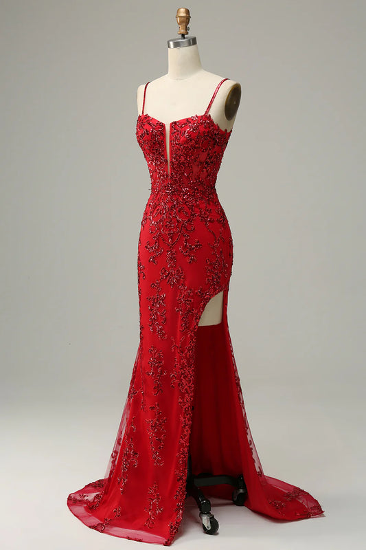 Sparkle Red Party Dress Mermaid Spaghetti Straps Sequin Appliques Backless with Slit Charming Long Hot Sale Prom Dresses