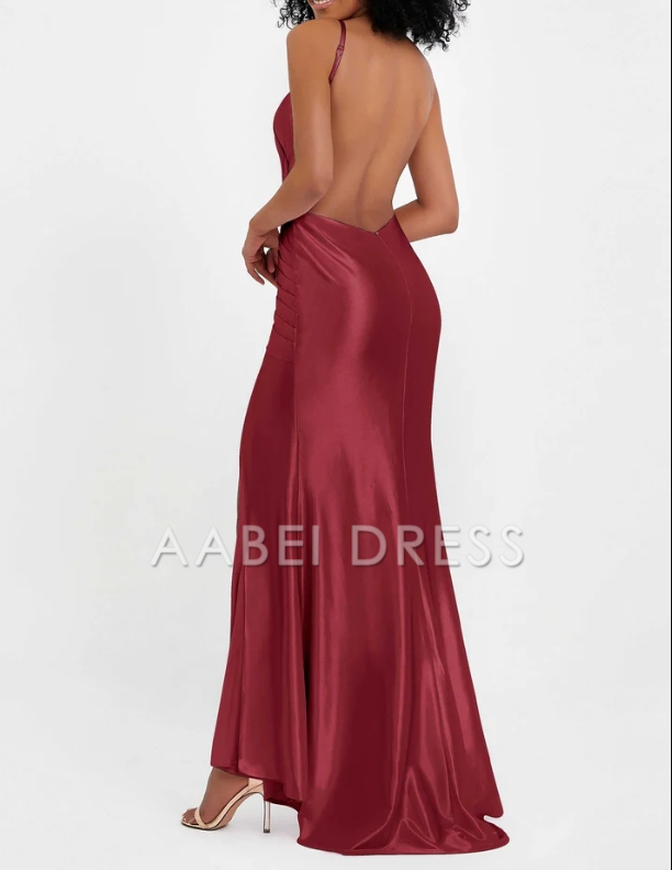 AABEI DRESS Elegant Sheath Backless Pleated High Slit Sweep Train Long Dress Fashion Evening Dress