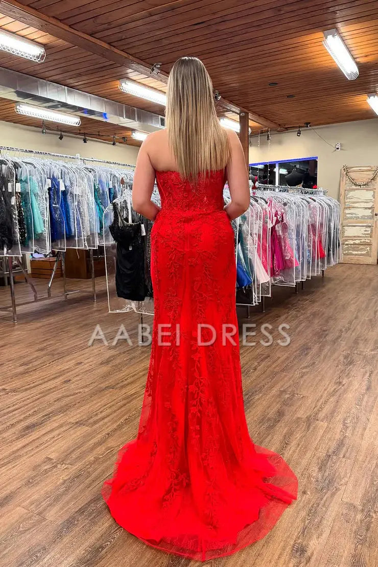 AABEI DRESS Prom Dress Exquisite Mermaid Strapless Lace with Appliques Side Fork Formal Dress