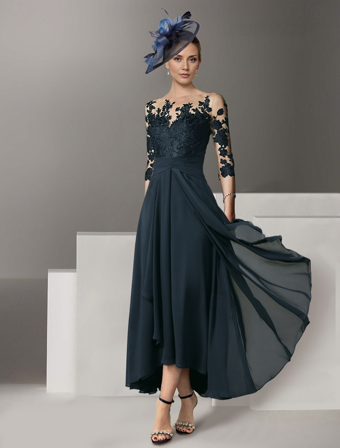 AABEI DRESS Wedding Guest Dress Elegant A-Line Jewel Neck 3/4 Length Sleeve Asymmetrical Lace Appliques Retro Mother of the Bride Dress