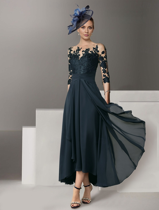 AABEI DRESS Wedding Guest Dress Elegant A-Line Jewel Neck 3/4 Length Sleeve Asymmetrical Lace Appliques Retro Mother of the Bride Dress