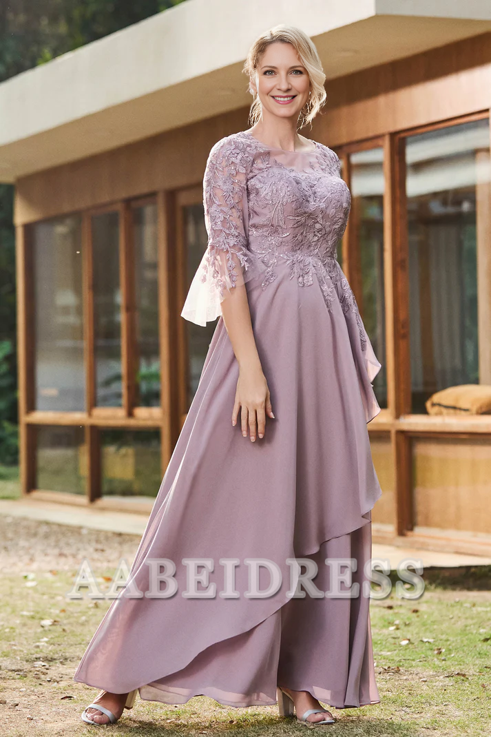 AABEI DRESS Mother of the Bride Dresses Ruffles Illusion Neck Lace Applique Chiffon Dress Elegant Formal Dress Wedding Guests Dresses