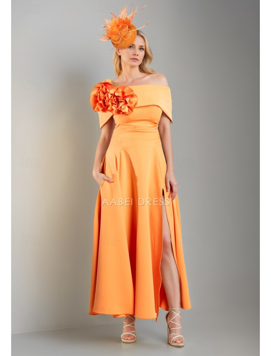 AABEI DRESS Wedding Guest Dress Exquisite Simple A-Line Off Shoulder Short Sleeve Tea Length Pleats Flower Elegant Mother of the Bride Dress