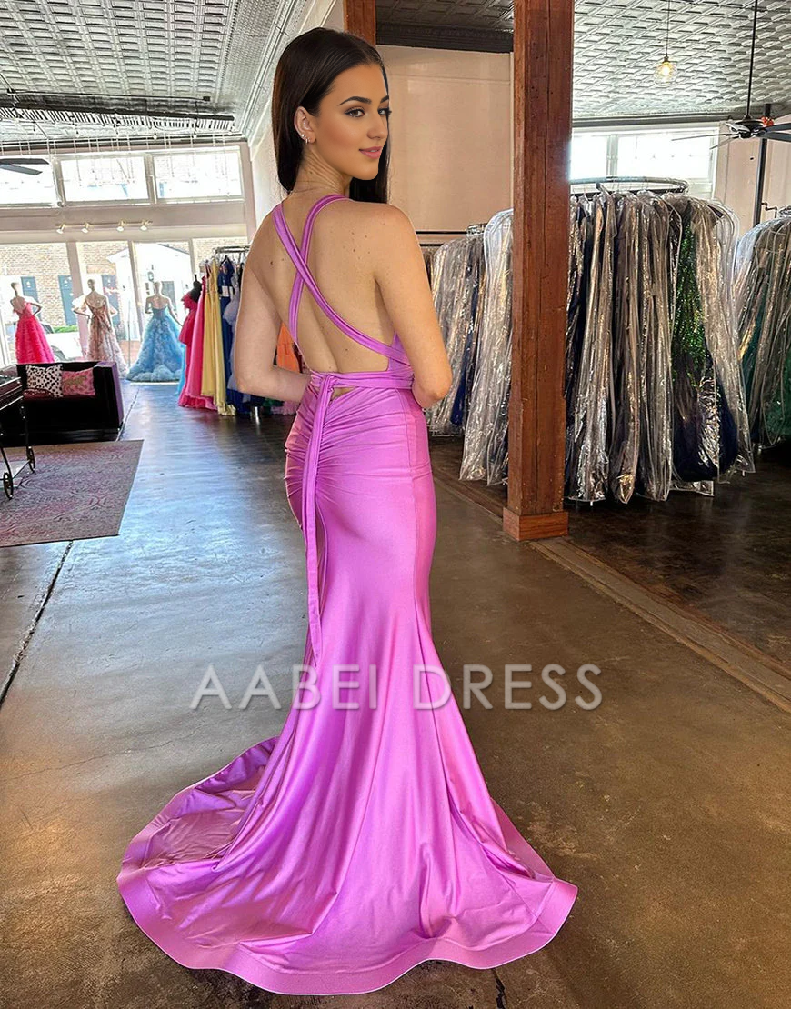 AABEI DRESS Hot Sale Prom Dress Sexy Deep V-Neck Cross Back Long Satin With Split Charming Formal Dress