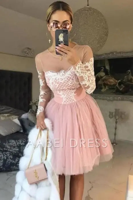 AABEI DRESS New Homecoming Dress A-Line Sheer Neck Long Sleeves Tulle Cocktail Dress with Appliques Sweet Short Prom Dress