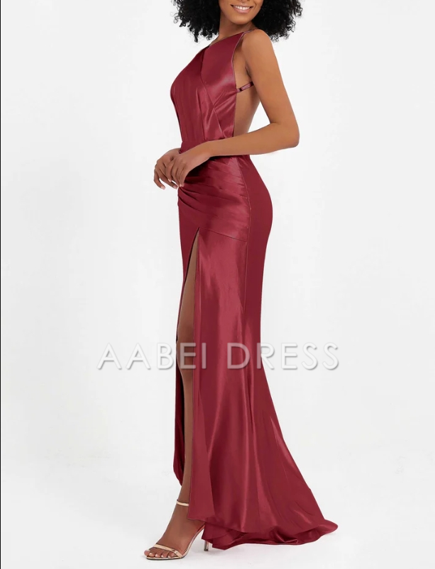 AABEI DRESS Elegant Sheath Backless Pleated High Slit Sweep Train Long Dress Fashion Evening Dress