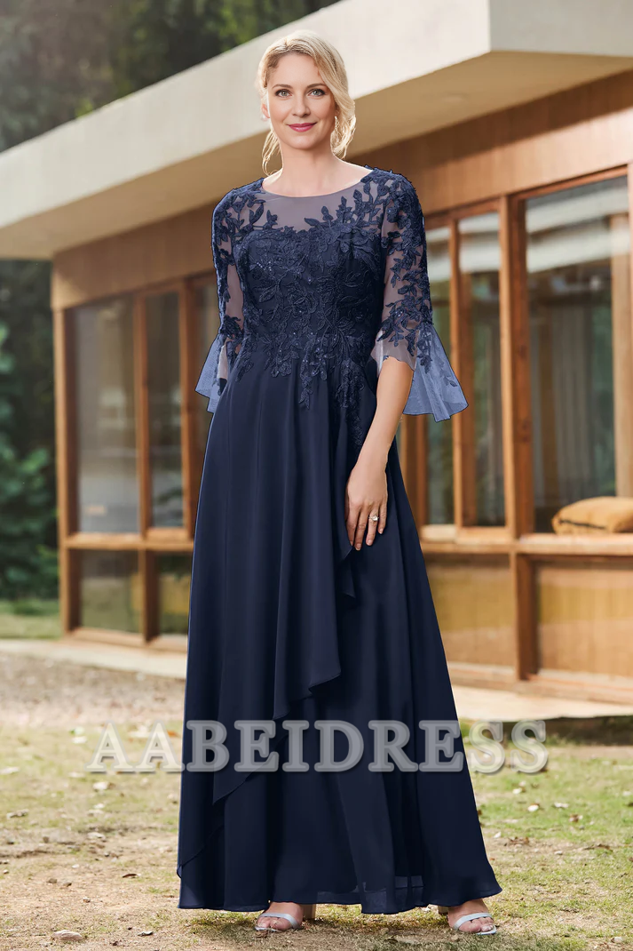 AABEI DRESS Mother of the Bride Dresses Ruffles Illusion Neck Lace Applique Chiffon Dress Elegant Formal Dress Wedding Guests Dresses