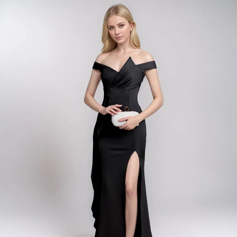 Evening Dress Elegant Off-Shoulder Highlights the Neckline Fitted Gown Slit Proms Dress Formal Wear Dresses