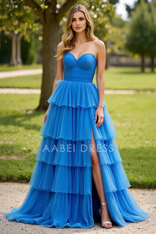AABEI DRESS Hot Sale Prom Dress Exquisite A Line Strapless Sweetheart Ruched Tiers With Slit Fashion Long Formal Dress
