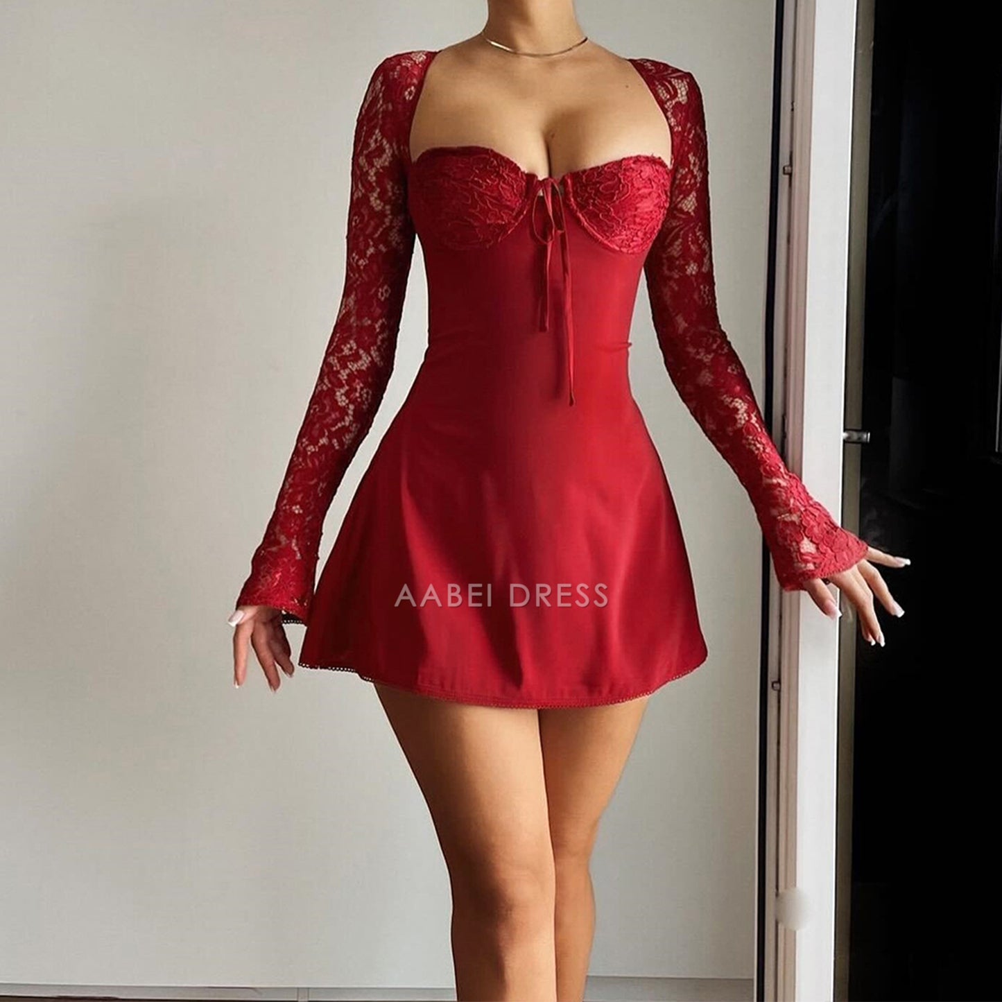 AABEI DRESS New Homecoming Dress A-line Elegant Lace Long Sleeve Mini Dress Square Neck High Waist Backless Tie Up Slim Fit Prom Dress