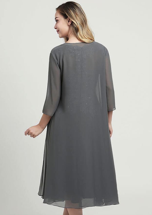 Grey Chiffon A-Line V-Neck Back Zip Knee-Length Dress
