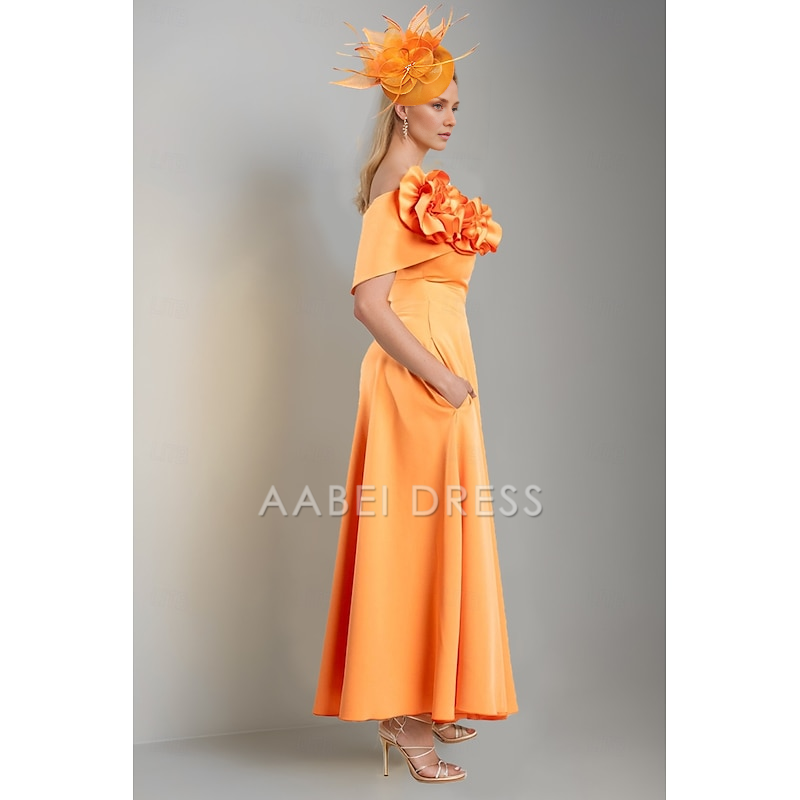 AABEI DRESS Wedding Guest Dress Exquisite Simple A-Line Off Shoulder Short Sleeve Tea Length Pleats Flower Elegant Mother of the Bride Dress
