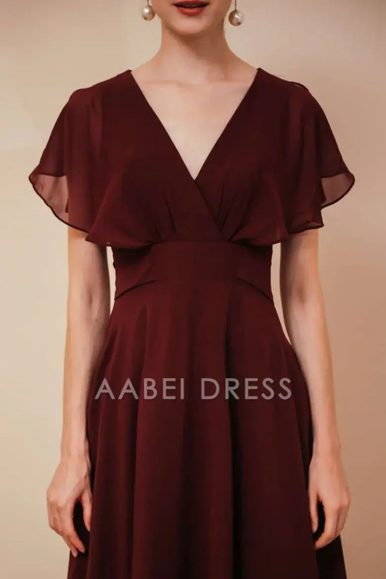AABEI DRESS High Quality Mother of The Bride Dress Chiffon A Line V-Neck Dress with Ruffled Sleeve Elegant Simple Formal Dresses
