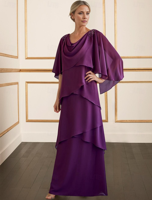AABEI DRESS Wedding Guest Dress Elegant Sheath Cowl Neck 3/4 Length Sleeve Floor Length Tier Solid Color Fashion Mother of the Bride Dress
