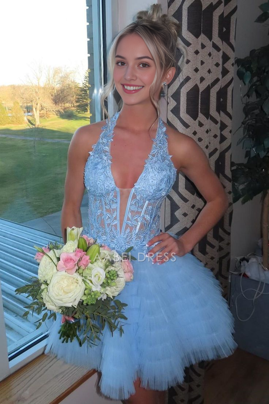 AABEI DRESS New Homecoming Dress Fashion A-Line Low V-Neck Halter Tiered Party Lace Applique Fantastic Short Prom Dresse