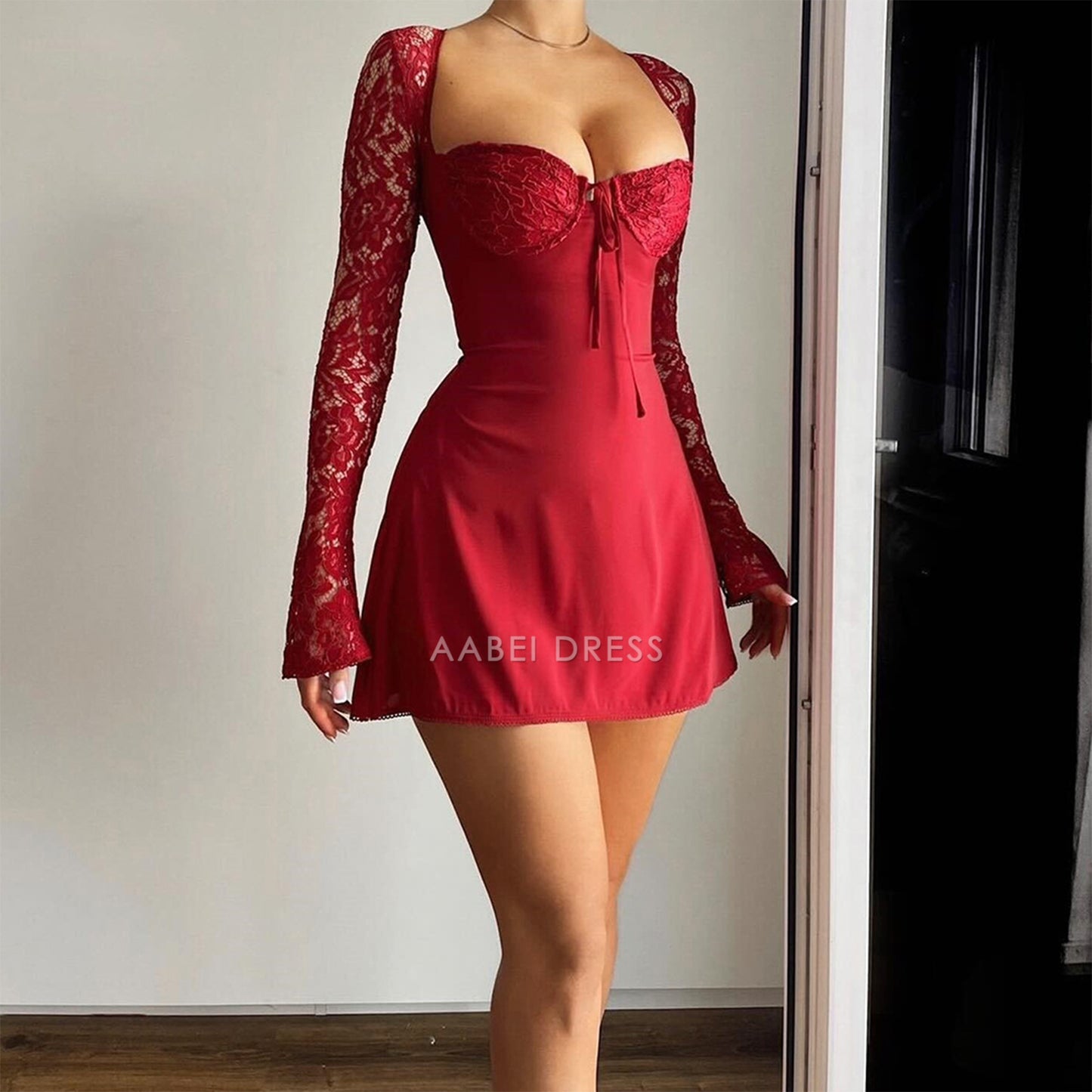 AABEI DRESS New Homecoming Dress A-line Elegant Lace Long Sleeve Mini Dress Square Neck High Waist Backless Tie Up Slim Fit Prom Dress