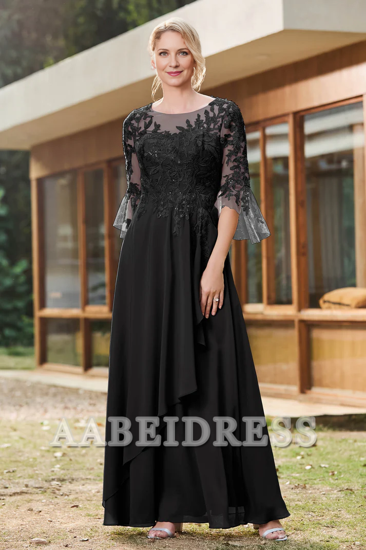AABEI DRESS Mother of the Bride Dresses Ruffles Illusion Neck Lace Applique Chiffon Dress Elegant Formal Dress Wedding Guests Dresses
