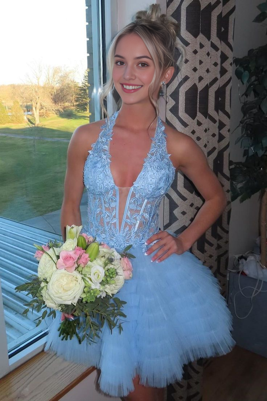 AABEI DRESS New Homecoming Dress Fashion A-Line Low V-Neck Halter Tiered Party Lace Applique Fantastic Short Prom Dresse