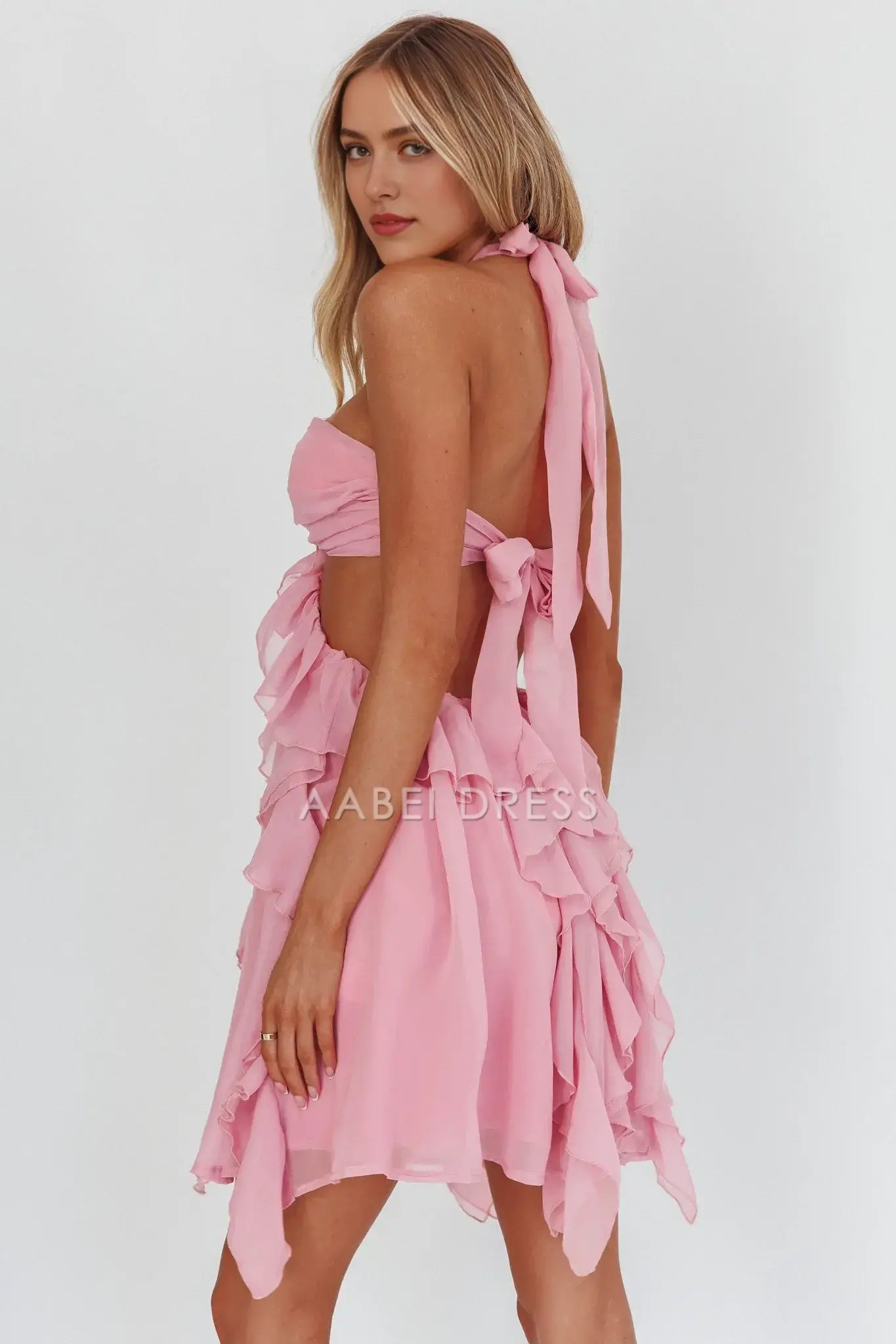Pink A Line Hanging Neck Flower Cut-Out Ruffle Backless Sweet Cute Mini Dress Hot Sale Homecoming Dress