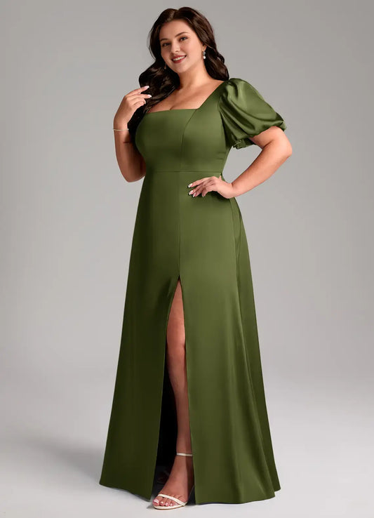 Wedding Guests Dresses Olive A-Line Square Neck Puff Short Sleeves Backless Side Fork Floor-Length Elegant Plus Size Formal Dress Discount Hot Sale Prom Dress
