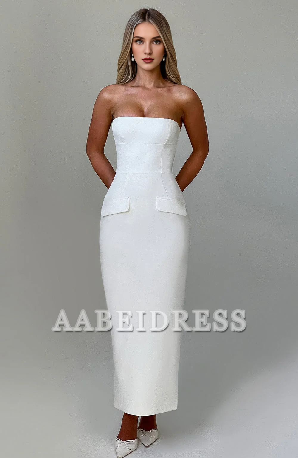 Formal Wear Dresses Prom Dresses Elegant Strapless Mermaid Rear Fork Sheath Dresses Fake Pocket Decoration Wedding Guests Dresses