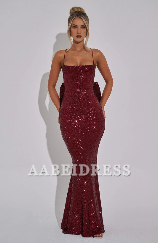Formal Wear Dresses Prom Dresses Mermaid Luxury High Quality Sequin Elasticated Spaghetti Straps Crossover Strap Back Detachable Bow Back Dresses Wedding Guests Dresses