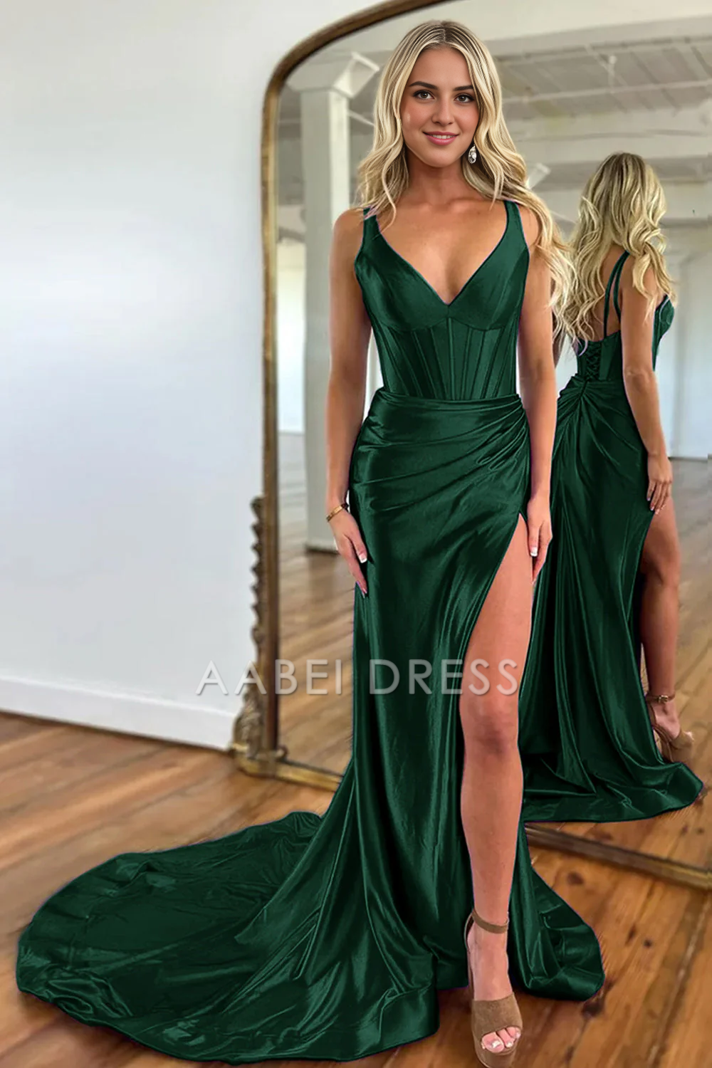 AABEI DRESS Hot Sale Prom Dress Mermaid V-Neck Satin Long With Split Sweep Train Elegant Formal Dress