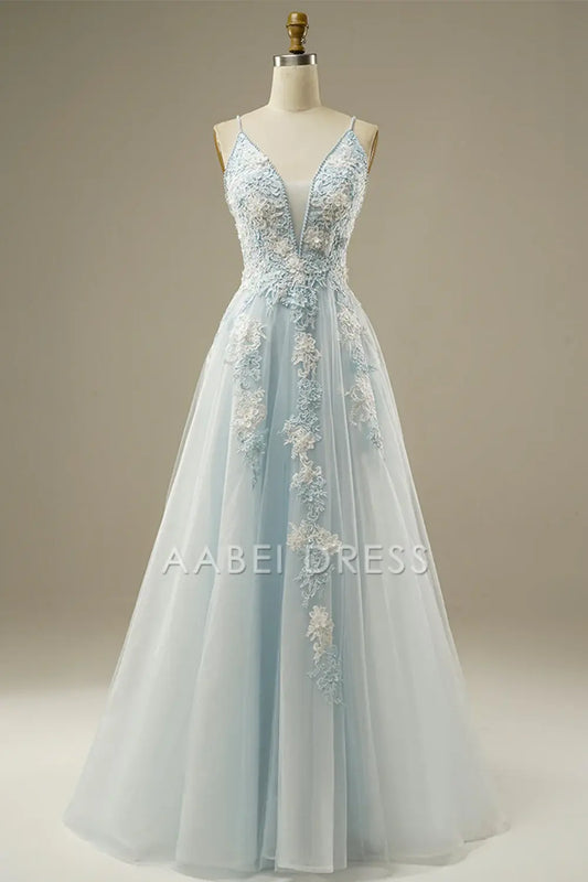 AABEI DRESS Hot Sale Prom Dress Luxury A-Line Spaghetti Strap Beading Exquisite Tulle Lace Applique Formal Dress