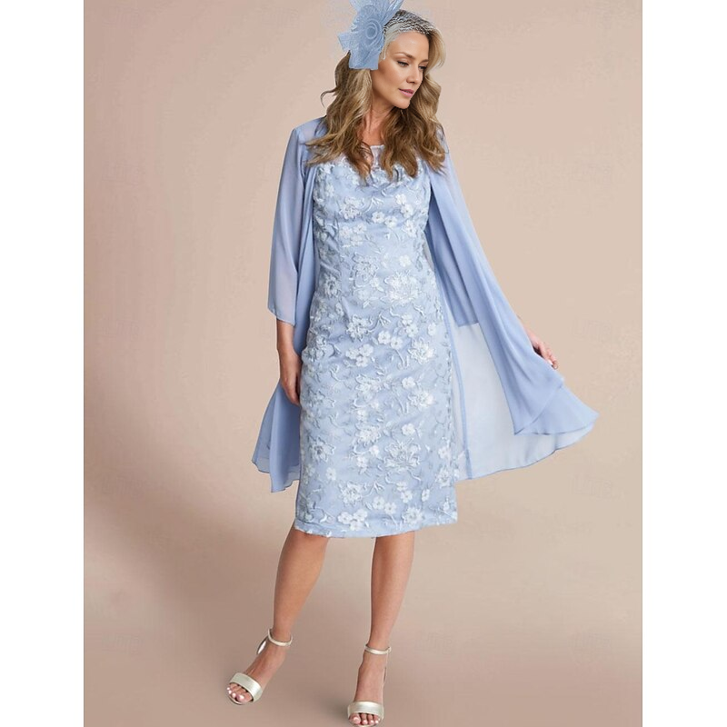 AABEI DRESS Wedding Guest Dress Elegant Sheath Jewel Neck 3/4 Length Sleeve Knee Length Lace Wrap Included Jacket Dresses Lace Two Piece Exquisite Mother of the Bride Dress